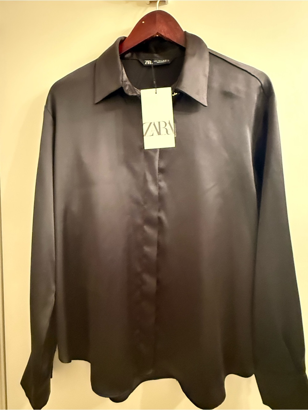 Zara Black Satin Long-Sleeve Shirt with detail on buttons NWT